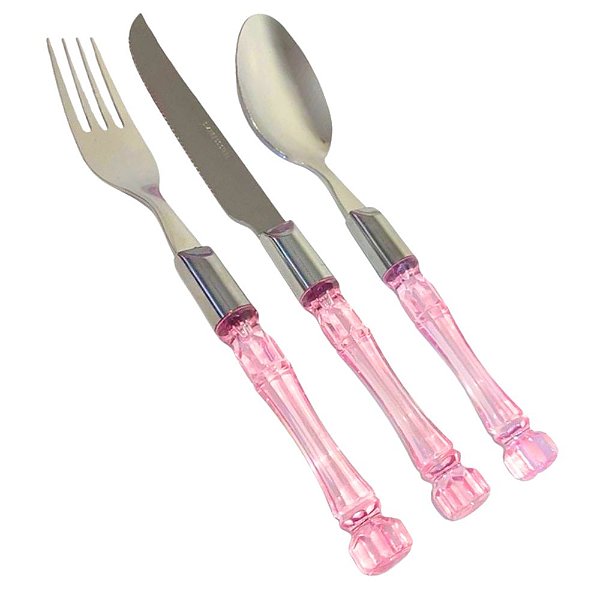Conjunto de Talheres 18 Peças Aço Inox Cabo Bambu Rosa Lyor