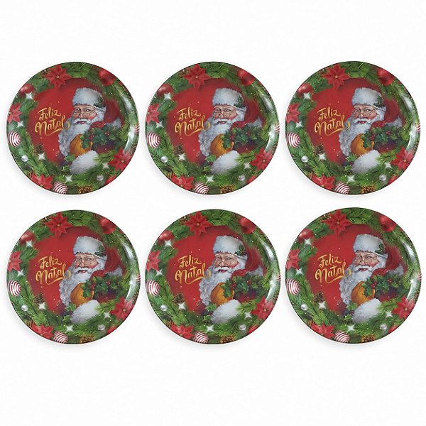 Jogo Com 6 Pratos de Sobremesa 20cm Estampa Papai Noel Melamina