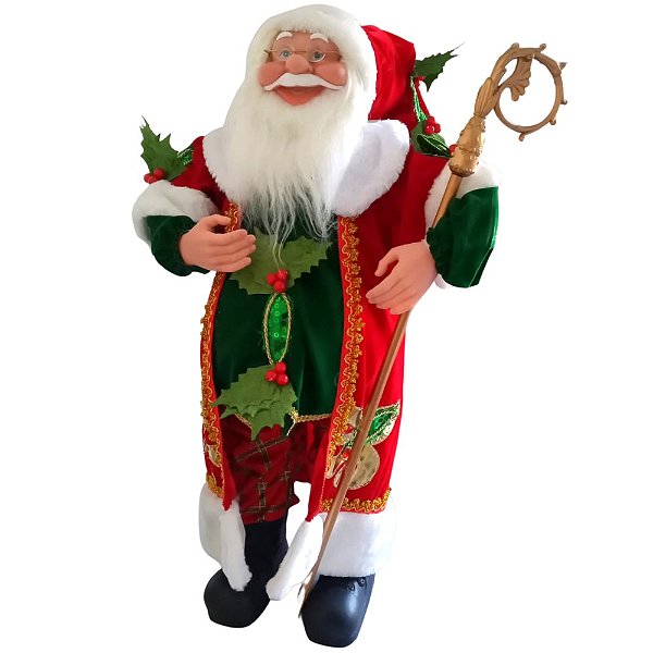 Papai Noel Com Cajado / Azevinho Decorativo Luxo 60cm Magizi.