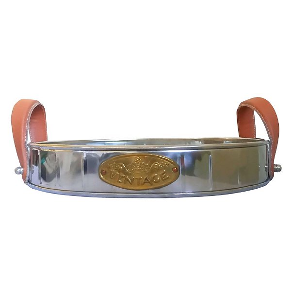 Bandeja Oval Aço Inox com Alças em Couro 38x29,5x6cm Alto Padrão Vintage - Saldão