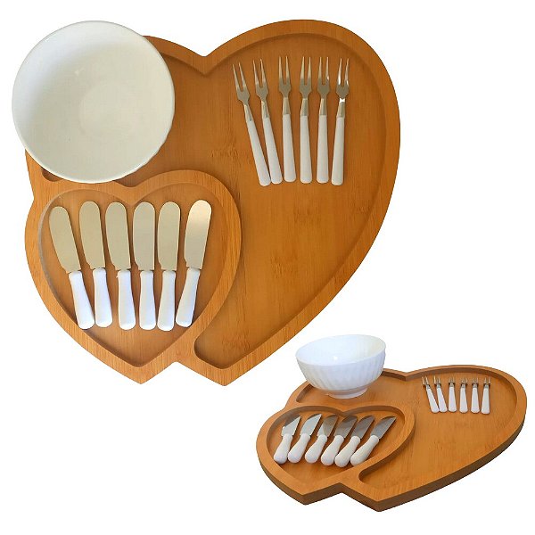 Kit Tábua Para Queijos / Petisqueira com Duas Divisória 14 Pçs Coração.