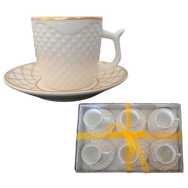 Jogo de Xícaras com Pires Para Café 90ml Porcelana com Friso Dourado