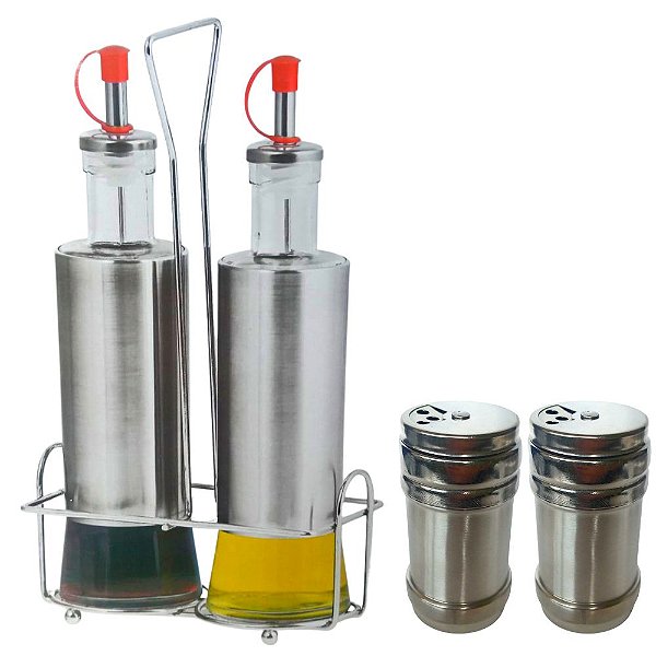 Kit Galheteiro + Saleiro/Pimenteiro 5 Peças Inox/Vidro - Top Chef.