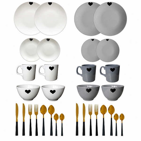Aparelho de Jantar e Talheres Aço Inox Dourado 16 Peças Serve 2 Pessoas