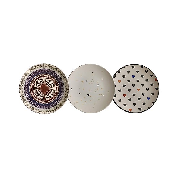 Jogo Com 6 Pratos de Sobremesa Cerâmica 20cm Estampas Variadas