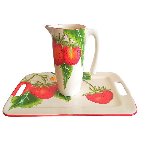 Bandeja Com Alças 44x32x2cm + Jarra Ø 12x26cm Cerâmica Morangos - Saldão