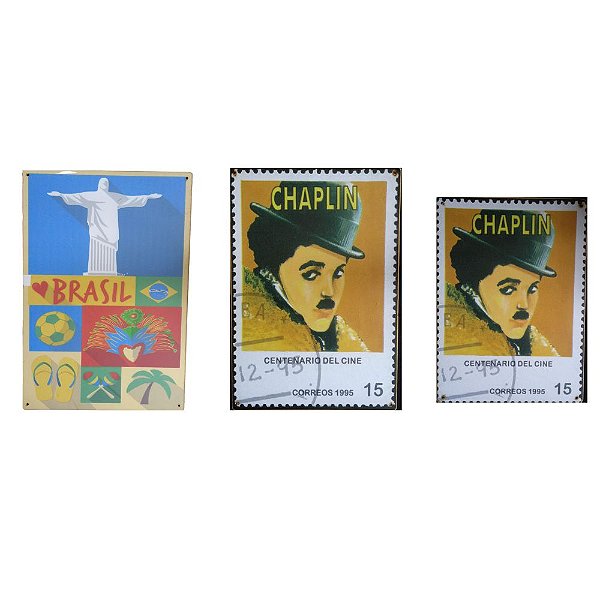Placas Jogo Com 3 Para Parede Charlie Chaplin e Rio De Janeiro.