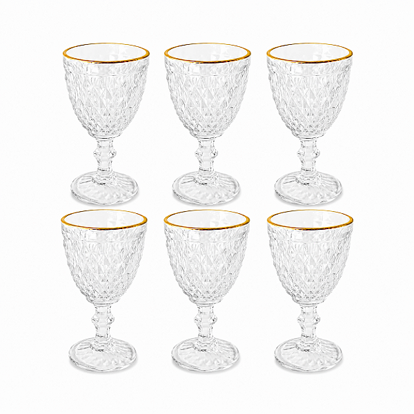 Jogo Com 6 Taças Para Licor 60ml Bico de Abacaxi Com Fio Ouro Lyor