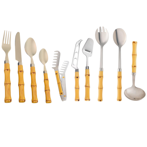 Faqueiro 30 Peças Aço Inox Cabo Plástico Bambu Natural
