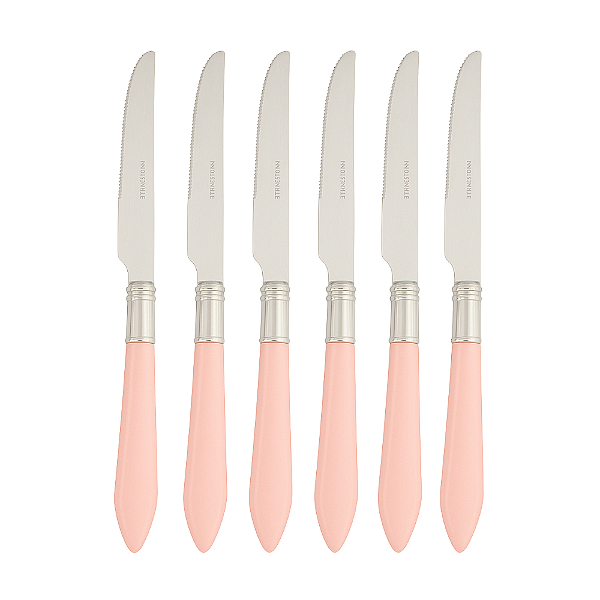 Jogo com 6 Facas de Corte Aço Inox Cabo Acrílico Mother Pearl Rosa 23,5cm