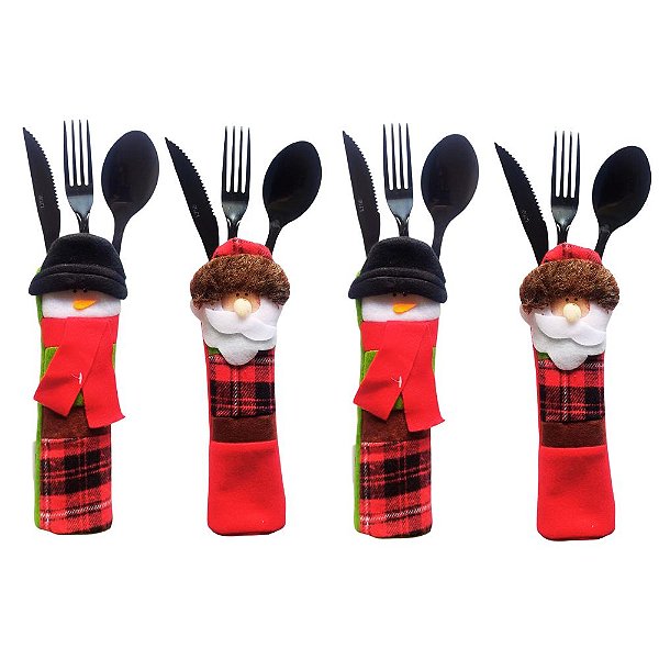 Jogo com 4 Porta Talheres de Natal Papai Noel / Boneco de Neve 23cm