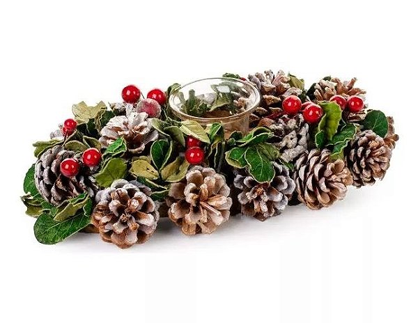 Castiçal Natalino Pinha Berries Louro / Vidro 30x15x9cm.