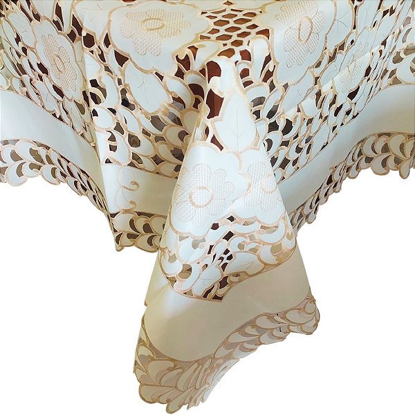 Toalha de Mesa Retangular Bege com Richelieu Caramelo 180x300cm Saldão