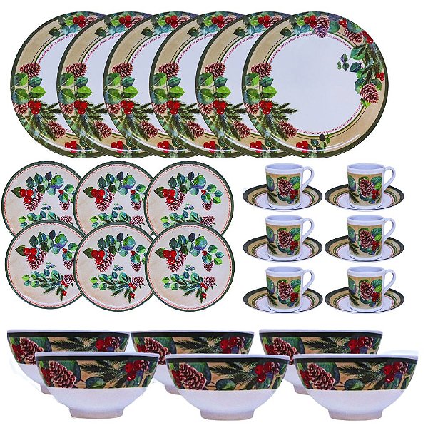 Aparelho de Jantar e Café 30 Peças Natalino Pinha Berries Melamina Saldão (Material Sintético)
