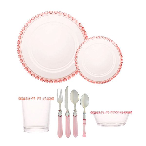 Kit Aparelho Para Jantar / Sobremesa 44 Peças Cristal Rosa Bordas Coração Promoção