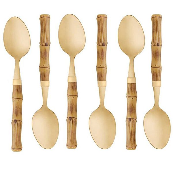 Jogo 6 Colheres de Mesa 20cm Aço Inox Dourado Cabo Plástico Bambu Lyor