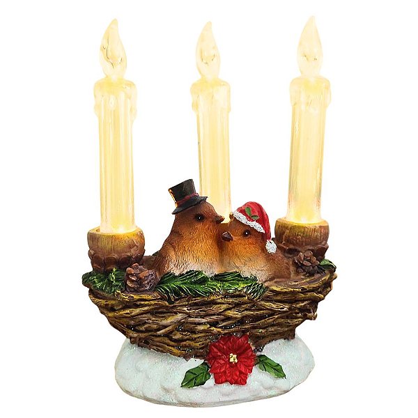 Castiçal Natalino Ninho com Pássaros com 3 Velas Led Resina / Acrílico 21x15,5x9cm
