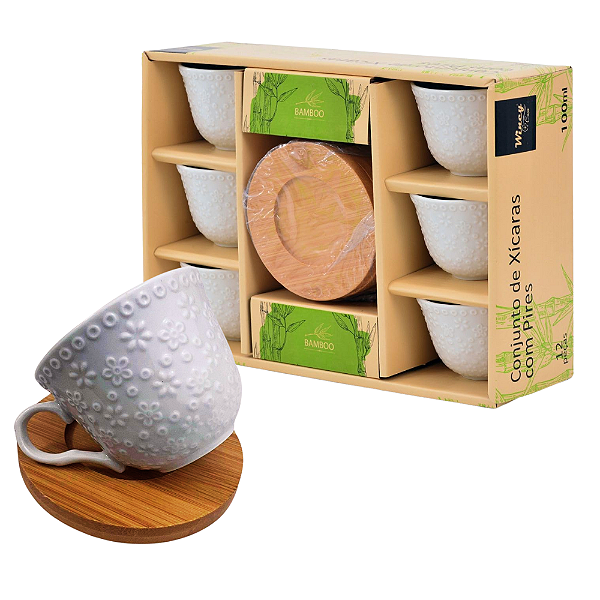 Jogo com 12 peças 6 Xícaras Porcelana 100ml com 6 Pires Madeira.
