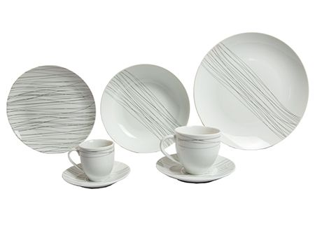 Aparelho Jantar 42 Peças Porcelana Branco e Prata - L'Hermitage
