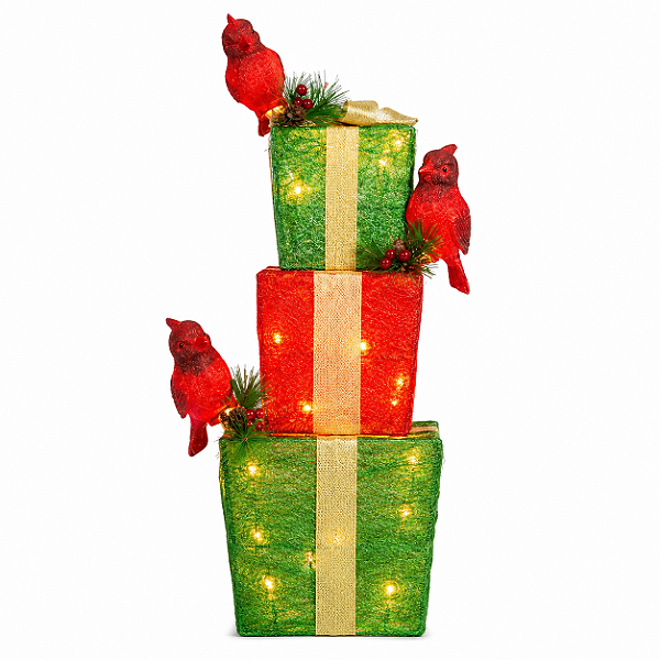Caixas de Presentes Com Luzes e Pássaros 127V Enfeite de Natal 52x17x14cm