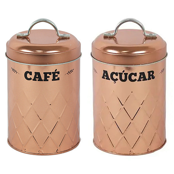 Kit 2 Latas Porta Mantimentos de Metal Cobre Açúcar e Café 11,5x15,5cm Cada