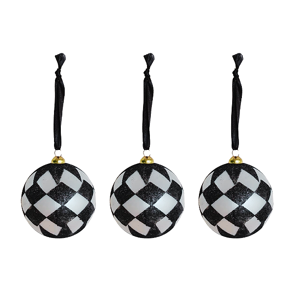 Jogo com 3 Bolas de Natal Losangos Preto e Branco 8cm Cada
