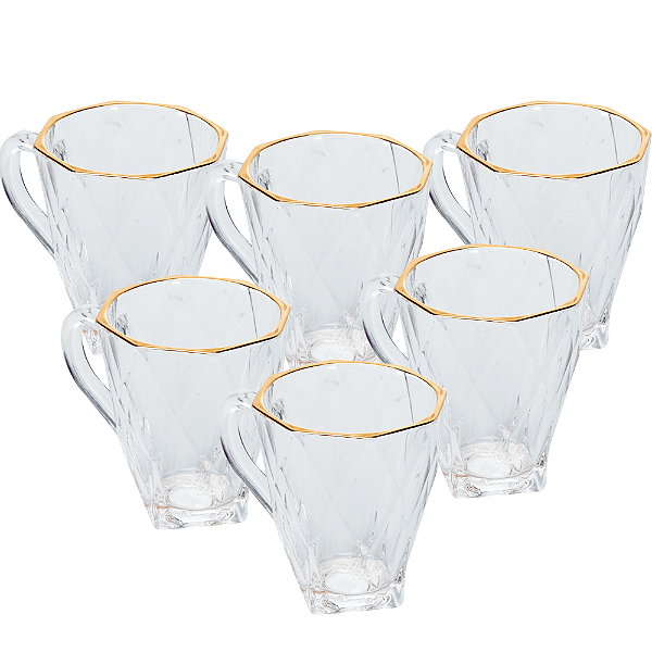 Jogo com 6 Canecas 180ml Cristal Diamond - Fio de Ouro.