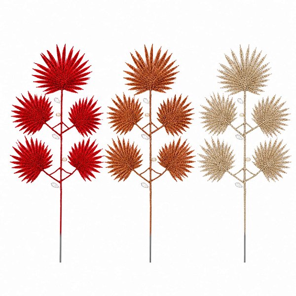 Jogo Com 3 Galhos de Palmeira 40cm Com Glitter e Pedraria Enfeite Natalino