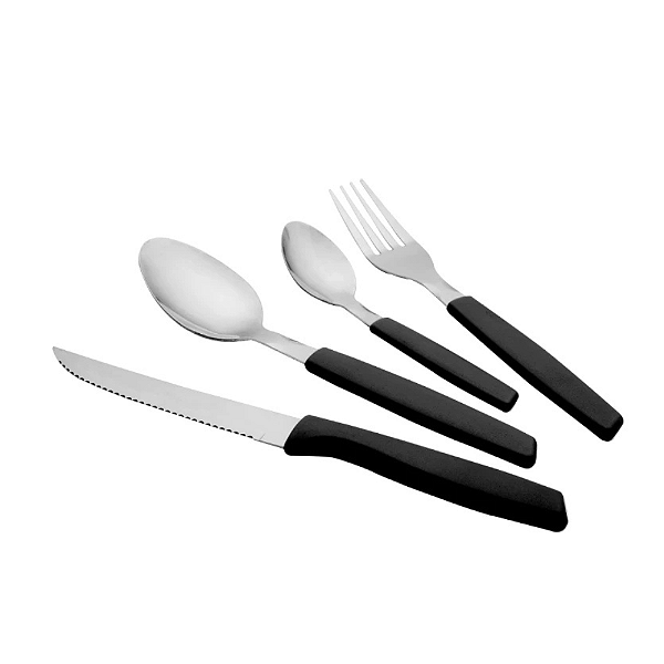 Jogo de Talheres em Aço Inox 16 Peças Com Cabo Plástico Preto