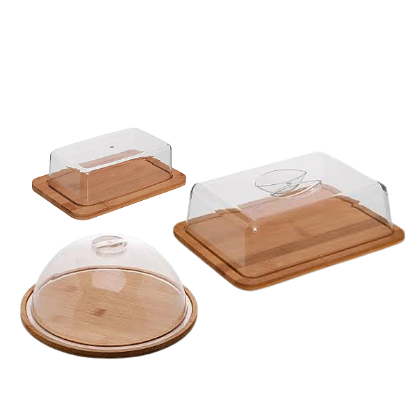 Kit Para Servir Porta Frios, Mantegueira, Queijeira 3Peças Bambu e Acrílico.