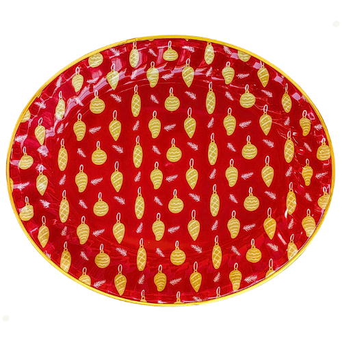 Bandeja Plástica Oval Vermelha Natalina Pinhas com Borda Dourada 49x40,5x4,5cm