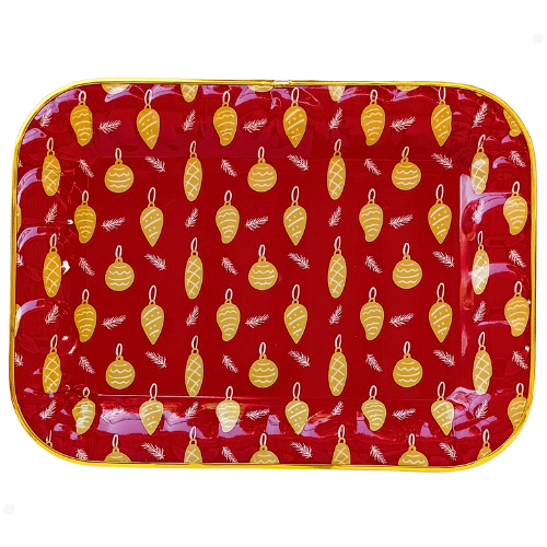 Bandeja Plástica Retangular Vermelha Estampa Natalina com Borda Dourada 41x30,5x2,5cm