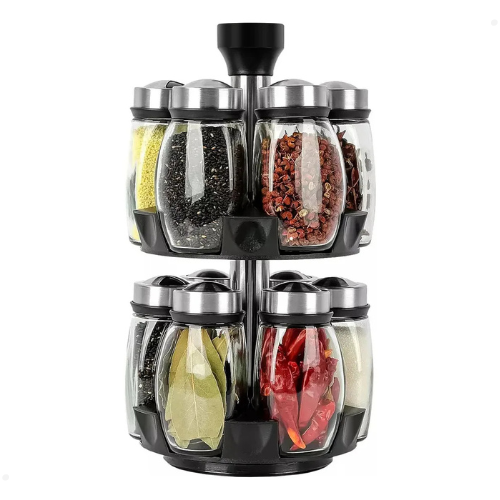 Kit Porta Condimentos 12 Frascos com Suporte Giratório Aço Inox Vidro Casíta