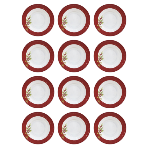 Jogo com 12 Pratos Fundos Natalinos Ramo Azevinho 22,5cm Melamina (Material Sintético)