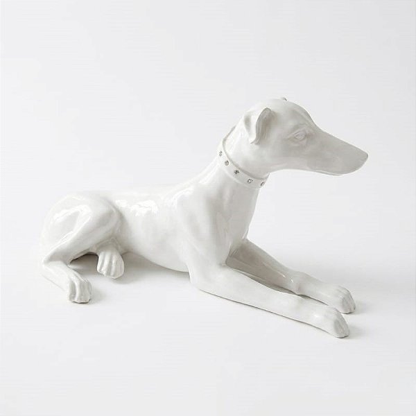 Escultura Cão Galgo Inglês Resina com Laca Branca Cristais Na Coleira Saldão