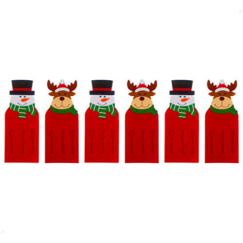Jogo com 6 Porta Talheres de Natal Boneco de Neve e Rena Feltro 23x10cm