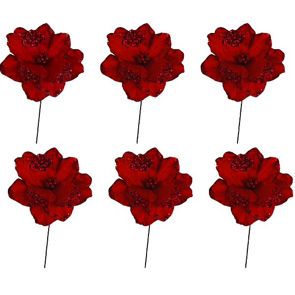 Kit 6 Hastes Flor Bico de Papagaio 35cm Vermelho Avelidado com Glitter