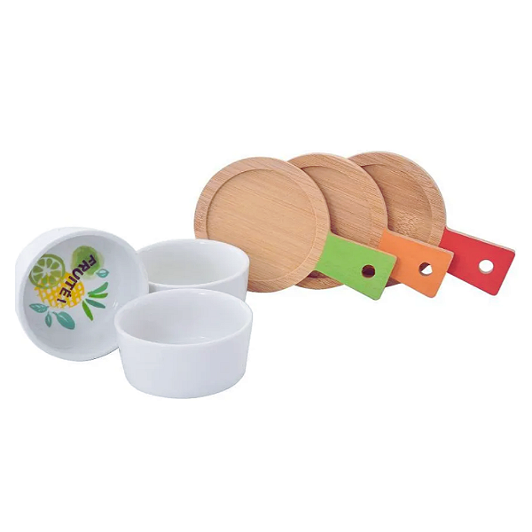 Conjunto 3 Petisqueiras Cerâmica + 3 Bandejas Bambu Oferta.