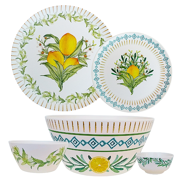Aparelho de Jantar 20 Peças Estampa Limões Siciliano Flores e Folhas Fibra de Bambu (Material Sintético)