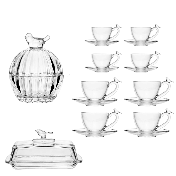 Jogo Para Chá e Café 18 Peças Birds Cristal / Aço Inox Wolff