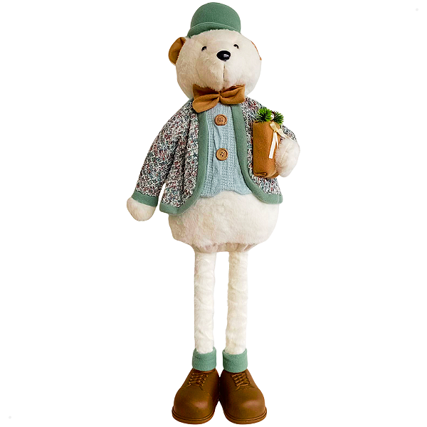Boneco Urso Retrátil 71cm Azul e Bege Decoração Natalina