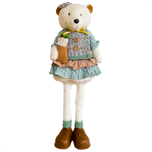 Boneca Ursa Retrátil 71cm Azul e Bege Decoração Natalina