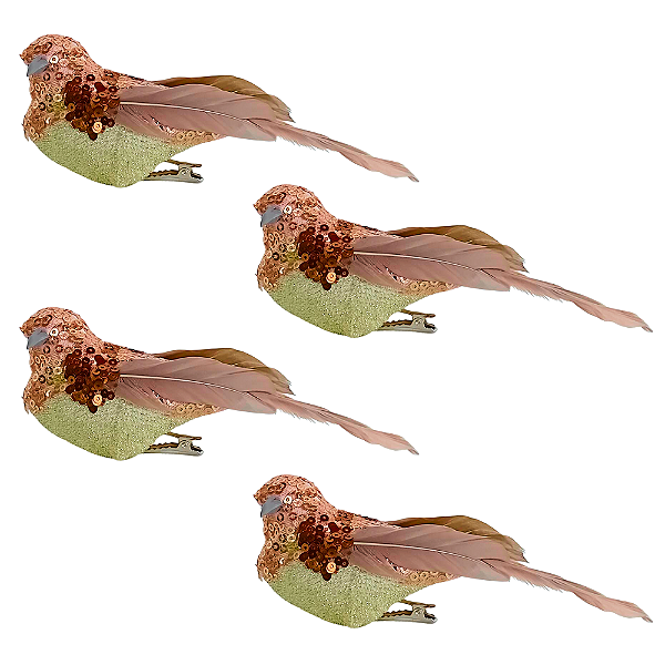 Jogo com 4 Pássaros Natalinos Champanhe com Presilha 5x14cm