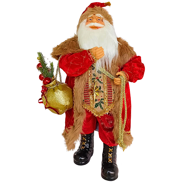 Boneco Papai Noel em Pé Segurando Saco com Árvore de Natal e Estrela 65cm Vermelho e Dourado