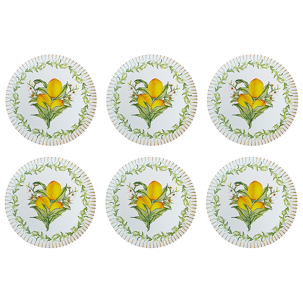 Jogo com 6 Pratos Rasos Fibra de Bambu e PP Estampa Limão Siciliano