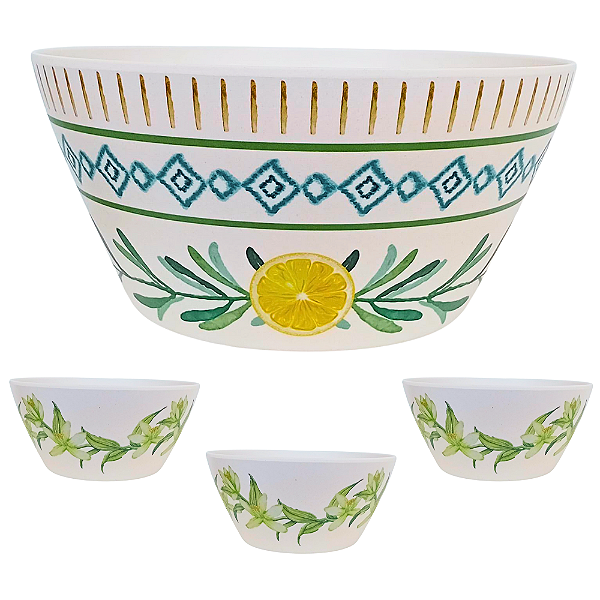 Jogo de Saladeiras 4 Peças Fibra de Bambu e PP Estampa Flores (Material Sintético)