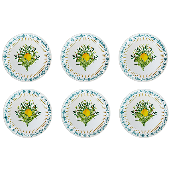 Jogo com 6 Pratos de Sobremesa Fibra de Bambu e PP Estampa Limão Siciliano
