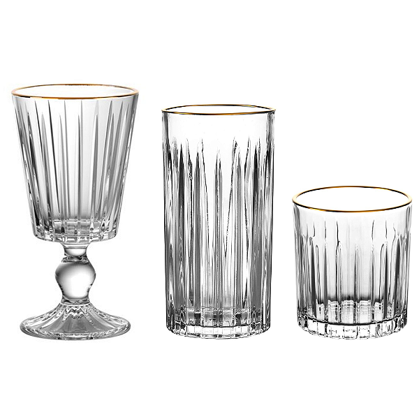 Jogo de Taças e Copos 18 Peças Linha Soho Cristal Canelado Fio Dourado L'Hermitage