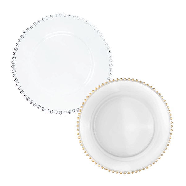 Conjunto de 6 Sousplats de Acrílico Ø33cm com Borda de Pérolas Elegância à Mesa.