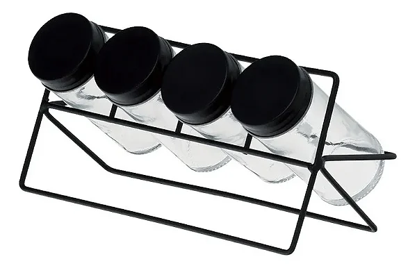 Porta Temperos com Rack Metal Preto 4 Potes de Vidro Lyor